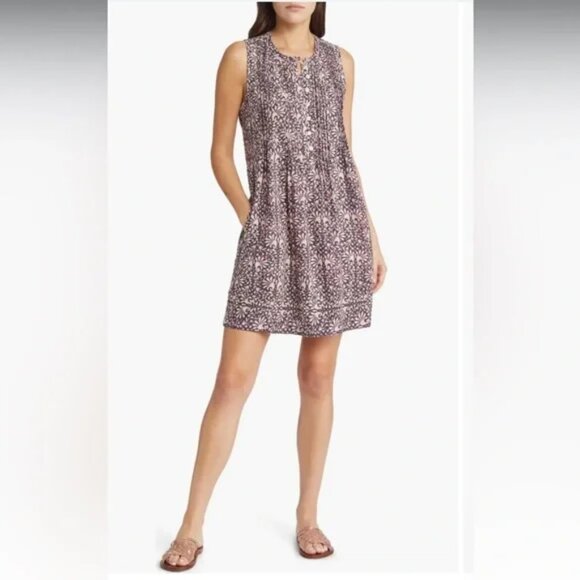 Faherty Isha Sleeveless Pintuck Linen Blend Minidress Midnight Kurala Floral - Picture 1 of 12